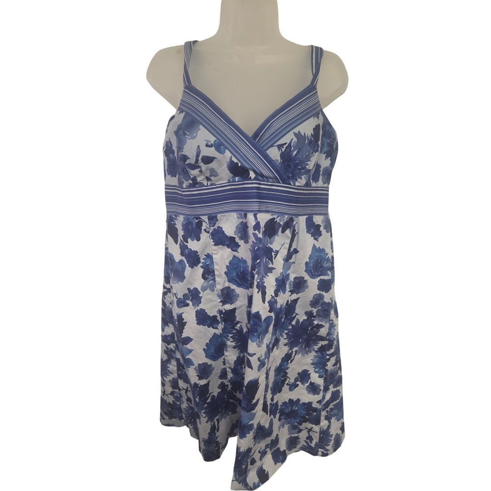90s Vintage R&K Y2K Blue White Floral Striped Smocked Back Cotton Sundress 14